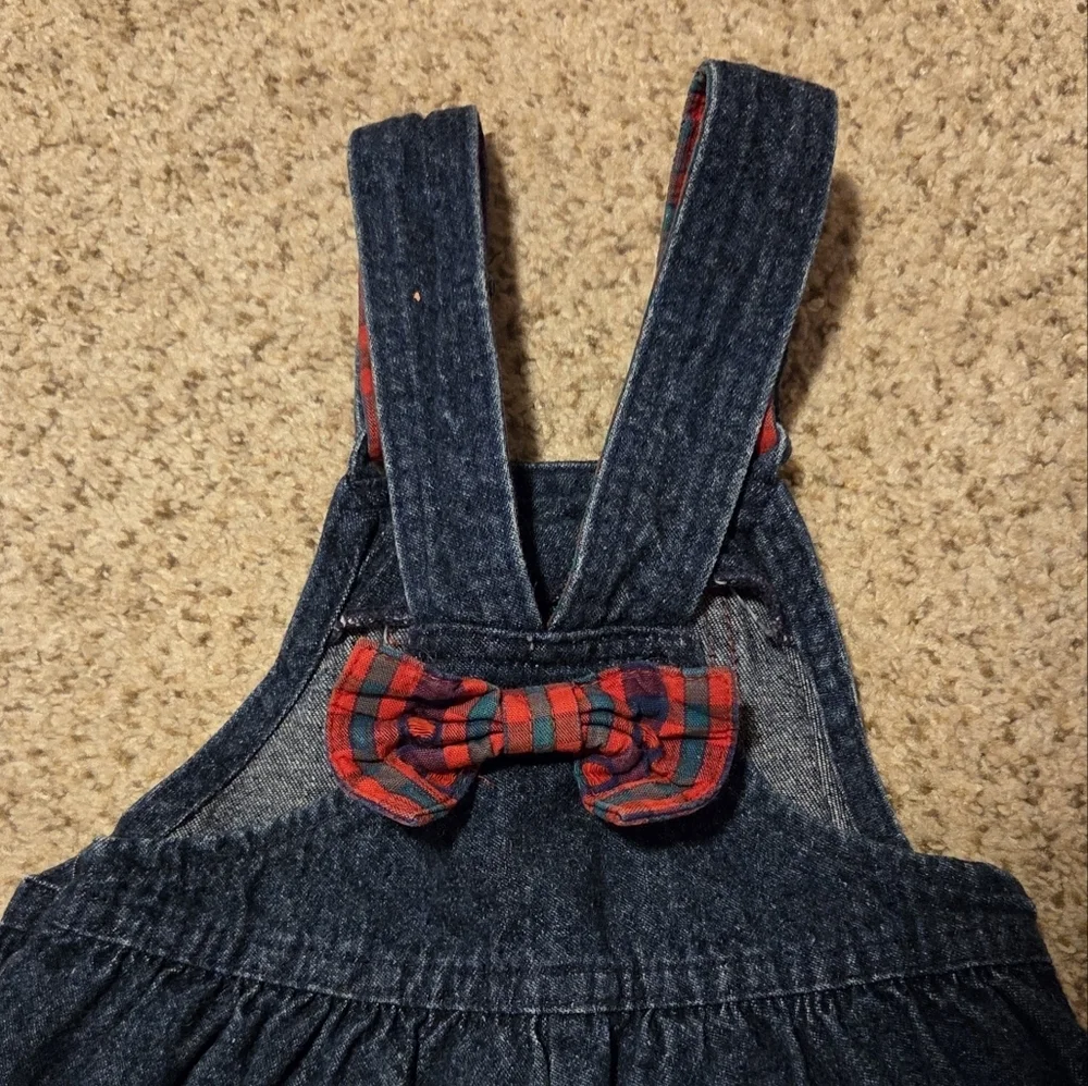 Vintage‎ Oshkosh B'gosh Denim Overalls Red Plaid Apple Print Bow USA Girls 3T